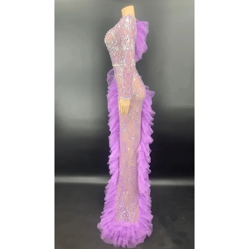 Фиолетовый сетчатый прозрачный длинный наряд со стразами для празднования дня рождения с одним рукавом, вечернее женское платье для танцовщицы MN3