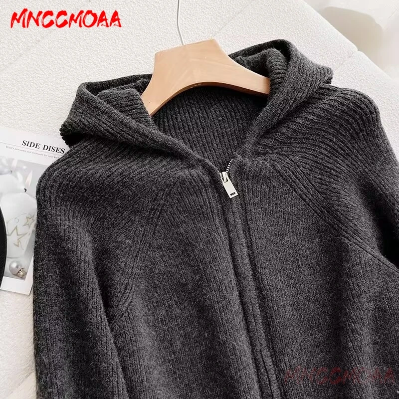 2024 New Autumn Winter Woman Knitted Cardigan Fashion Hooded Solid Color Female Casual Long Sleeve Zipper Knit Sweater Outerwear