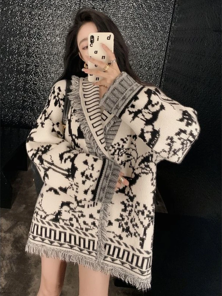 Harajuku Vintage Y2k Cardigan Tie Dye Tassel Turn Down Collar Long Sleeve Design Sweater Autumn Winter Lazy Style Women Clothing