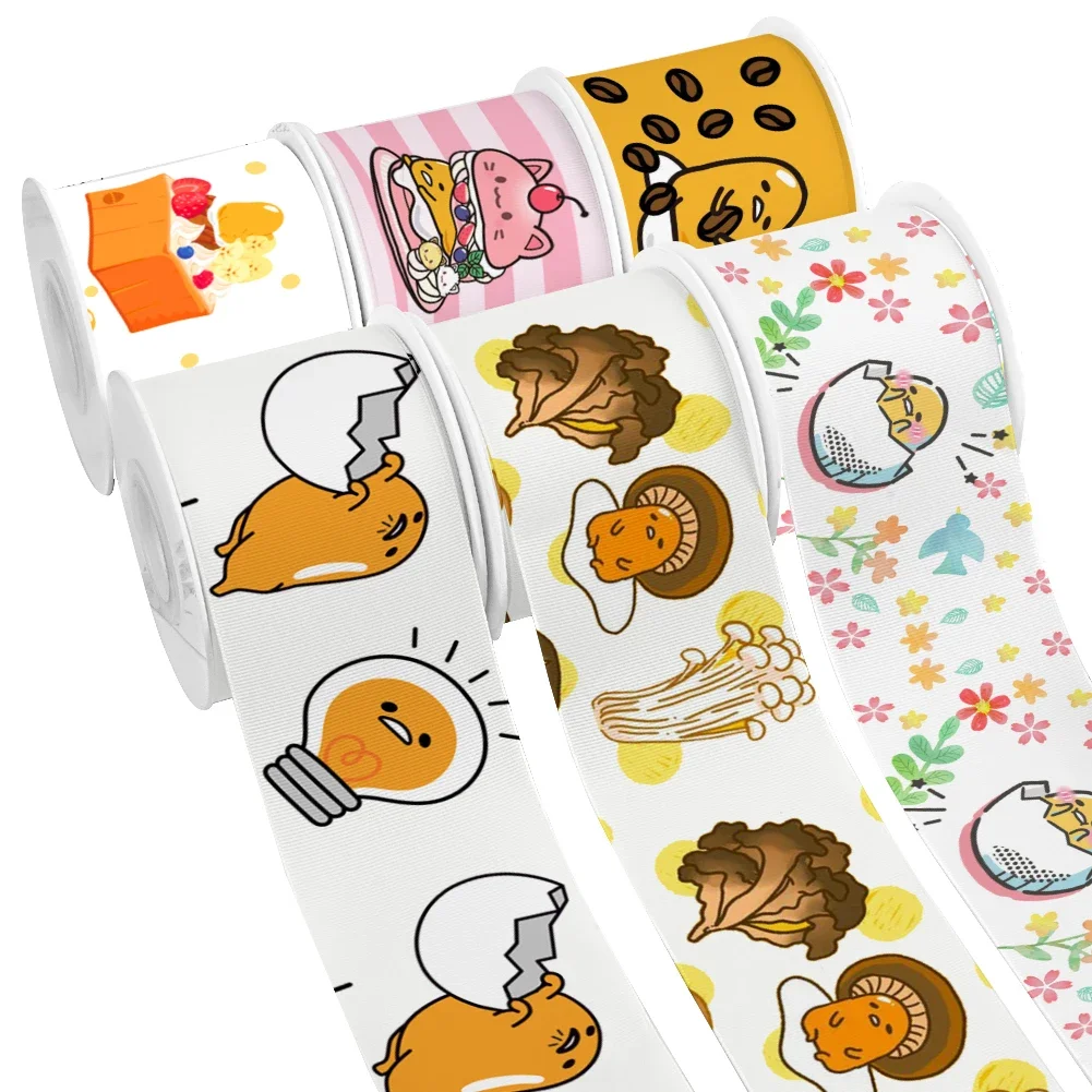 Japanese Sanrio Yellow Yolk Gudetama Pattern Printed Grosgrain Satin Ribbon for Gift Wrapping Hair Bow Craft Accessory 50 Yards