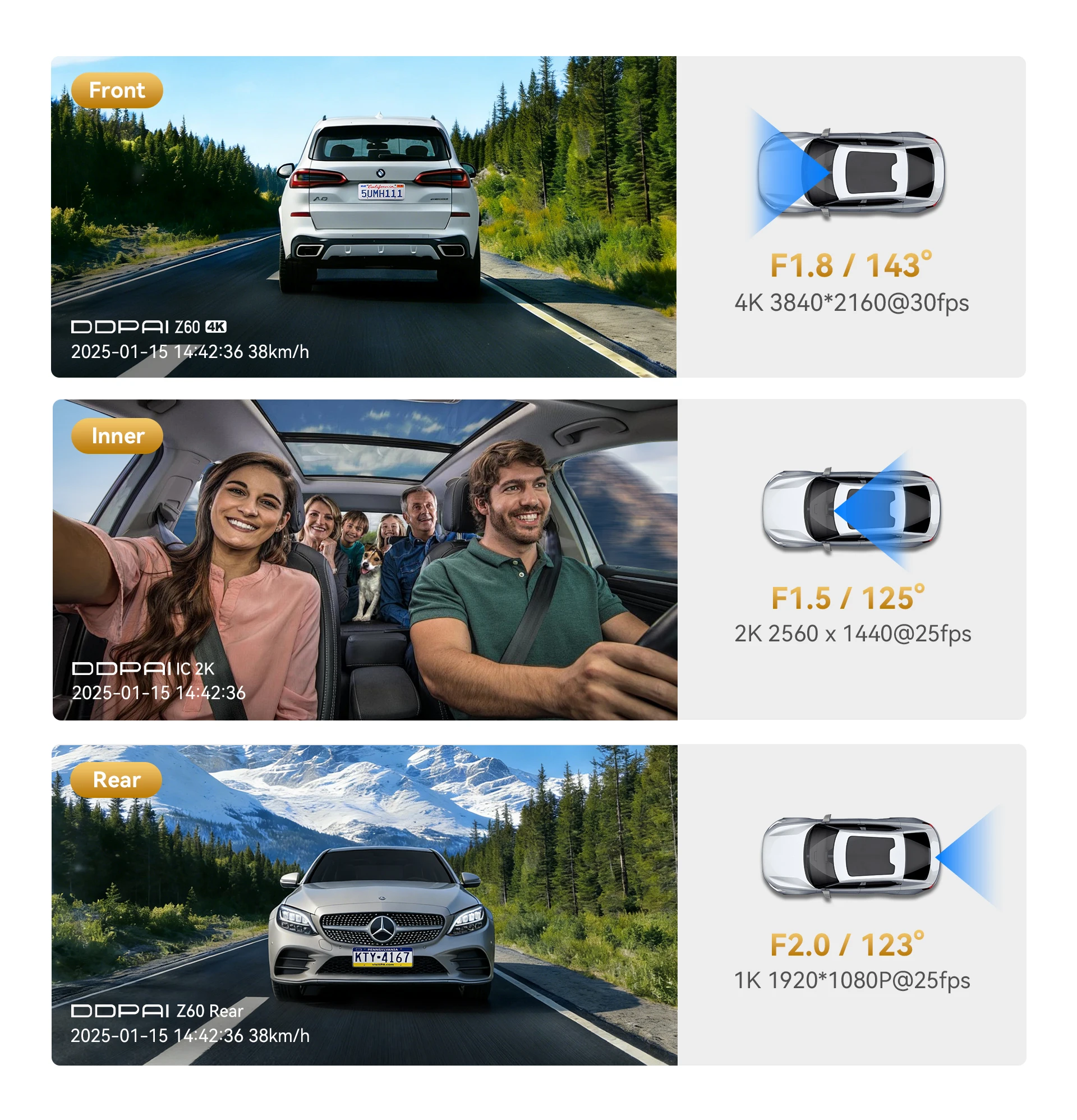DDPAI Z60T Dashcam 3-Kanal HDR Vorne 4K Hinten 2K Innenraum 1080P Nachtsicht ADAS GPS WiFi 6 24H Parküberwachung Auto-DVR – Detail 8