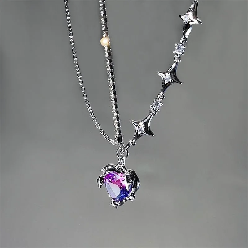 Sparkling Purple Crystal Egirl Sweet Peach Heart Necklace for Women Korean Fashion Y2k Aesthetic Accessories Girl's Collar Chain