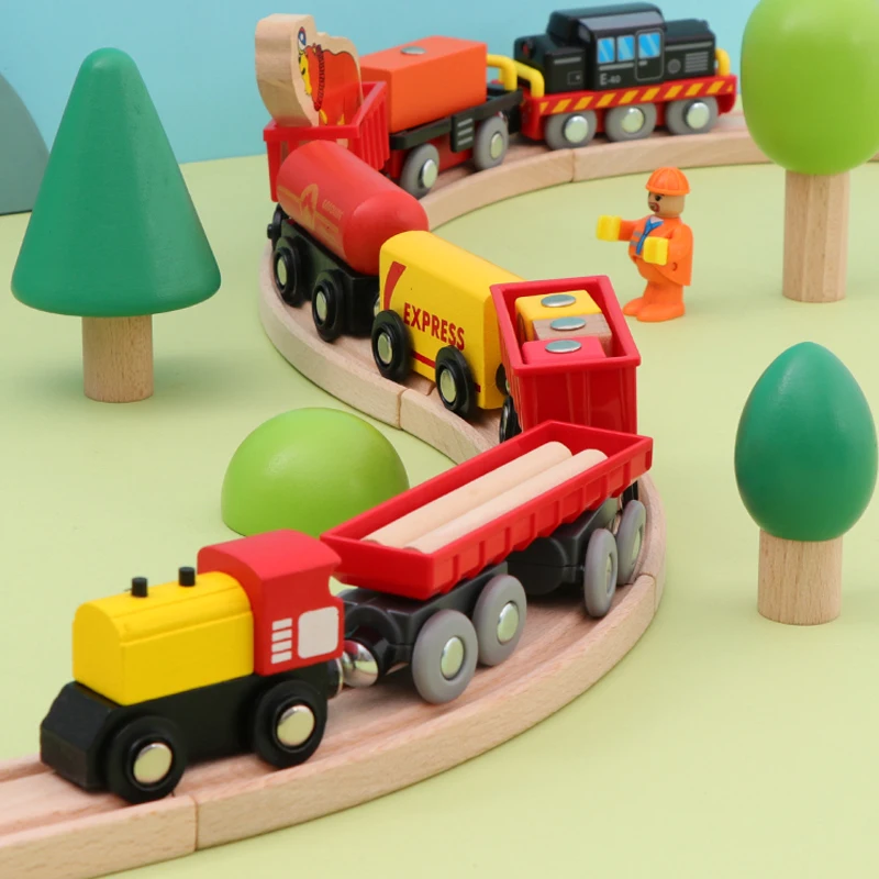 Conjunto de trem quente carro de brinquedo magnético acessórios pista das crianças manual quebra-cabeça deslizante de madeira compatível com vários