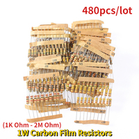 480pcs 1W Carbon Film Resistors Assortment Kit 48Values 1K Ohm - 2M Ohm 5% Resistance Set Electronic Resistors Pack