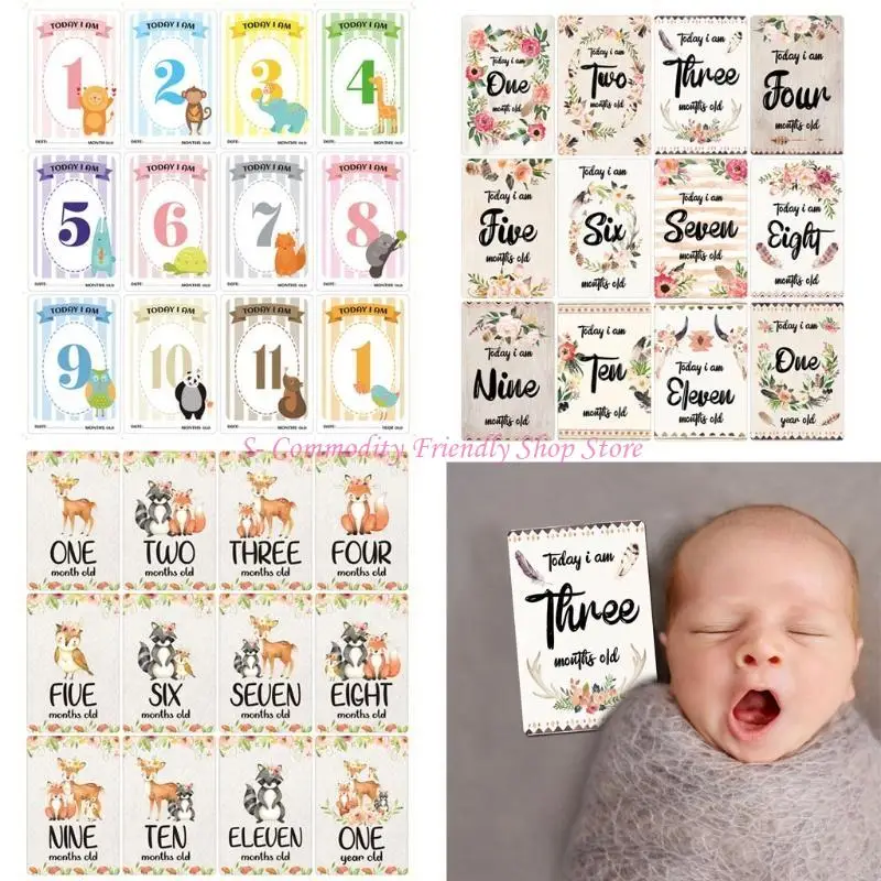 85AE 12 Sheet Baby Monthly Milestone Cards Birth to 12 Months Photo Moment Cards