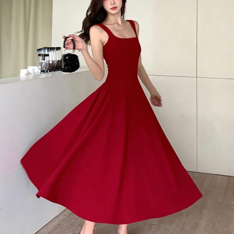 

Sexy Dress for Women Red Square Collar Camisole Dress with Women's High-end Feel Long Dress Office Ladies Zipper Dropshipping