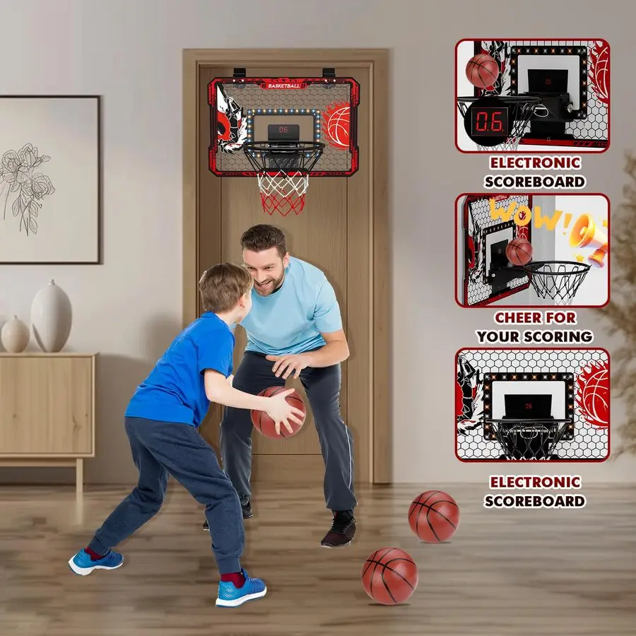 طوق كرة السلة للباب، 2025 ترقية طوق كرة السلة الداخلي مع أضواء LED ولوحة النتائج، تتضمن 3 كرات مضخة أمبير، ألعاب جي
