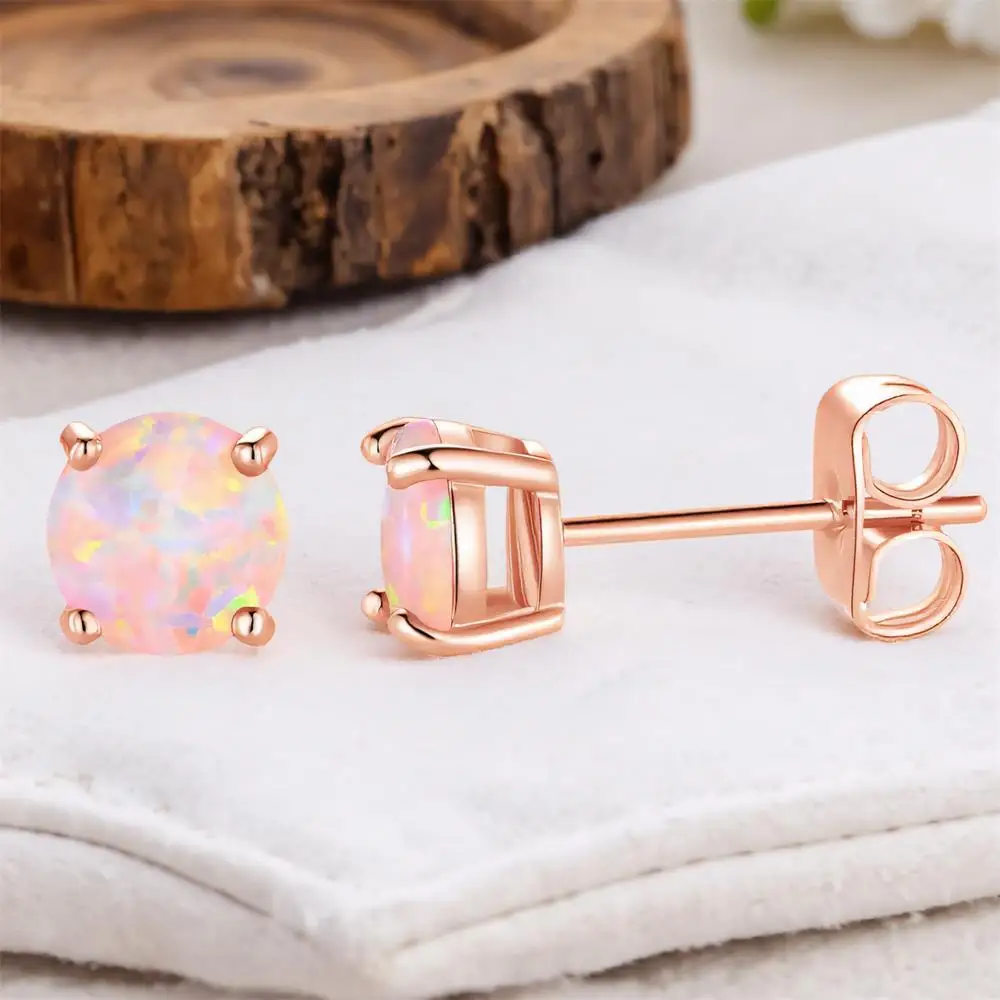 4mm Round Stone Cute Pink Opal Small Stud Earrings For Women Vintage Rose Gold Color Minimalist Earring Bridal Wedding Jewelry