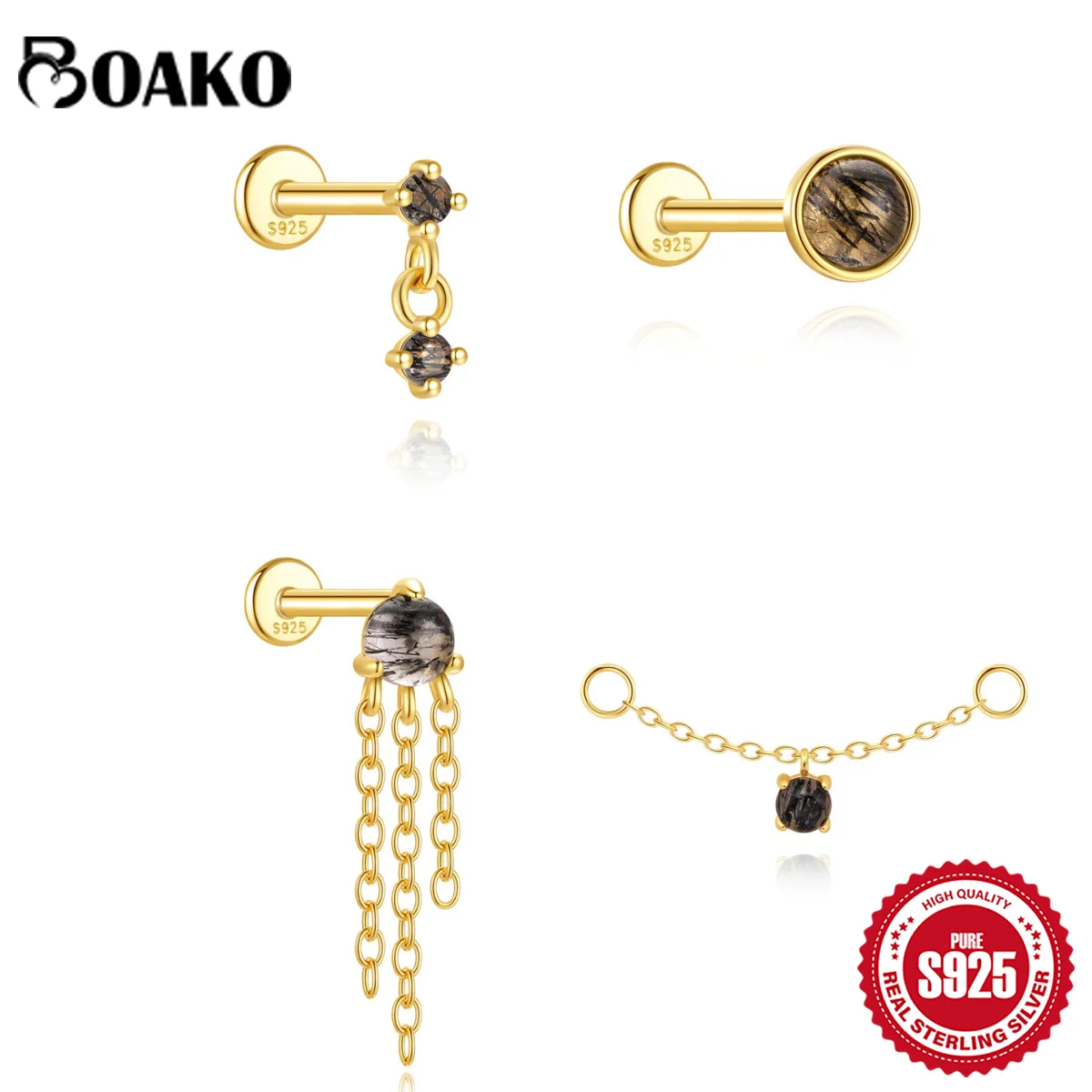 

BOAKO Flower Chain Tassel 925 Sterling Silver Natural Black Hair Quartz For Woman piercing Earring Rod 1.2 * 6mm