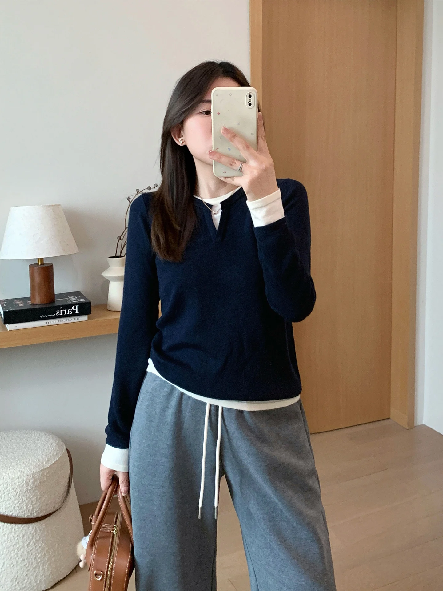 

Chic Spliced Knitted Sweater Women's Autumn Winter New Sle Design Slimming Inner Wear Top Casual Soft Woolen Long Sve