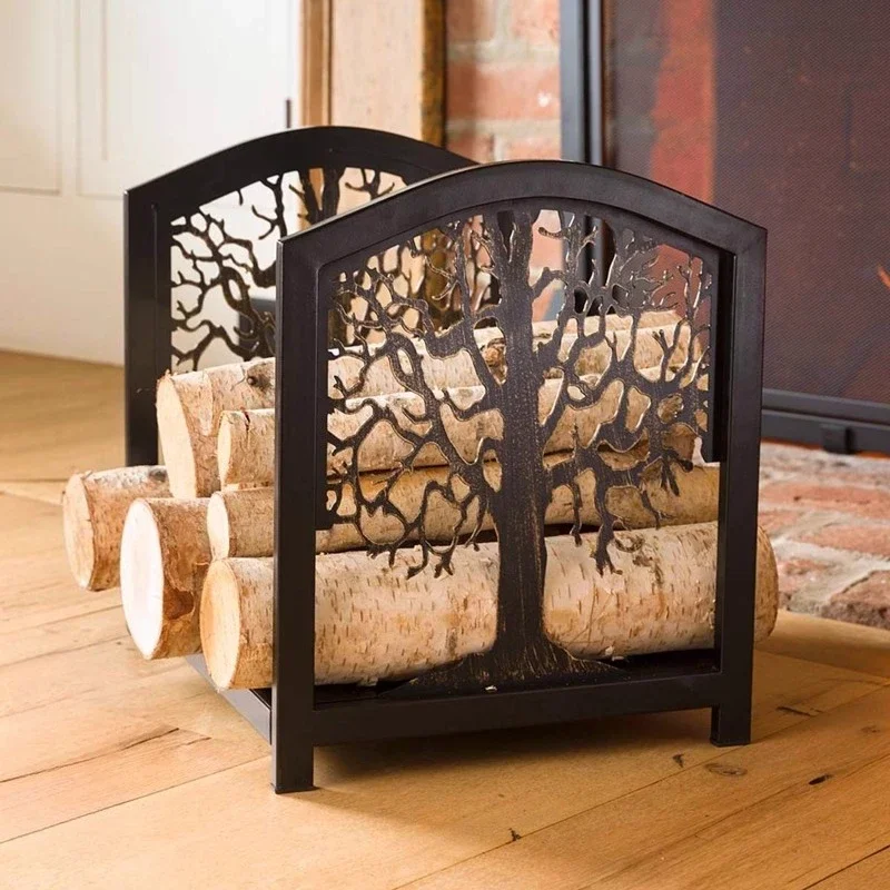 أداة مدفأة من الحديد المطاوع بنمط شجرة الريف الأمريكي، حامل حطب خشبي، رف تخزين منزلي قابل للتخصيص #1