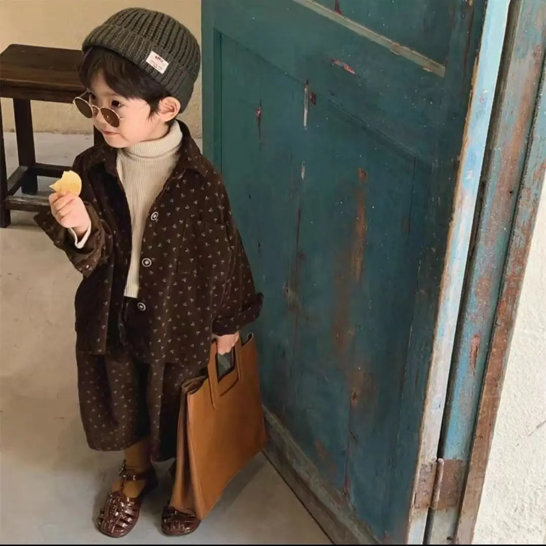 Boys and Girls Spring and Sutumn New Vintage Corduroy Cardigan Jacket Straight Leg Pants Set Baby Stylish Two-piece Set Trendy