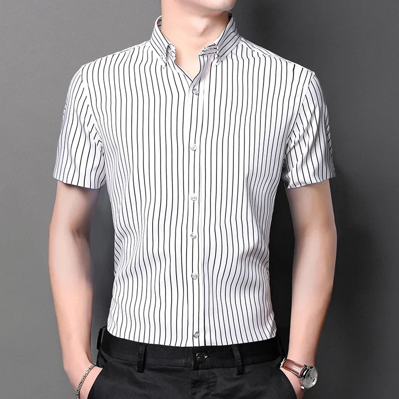 BROWON Brand 2026 Luxury Dress Shirt Men Short Sleeves Anti-wrinkle Business Shirts Man Elasticity Slim-fit Striped Tops Men