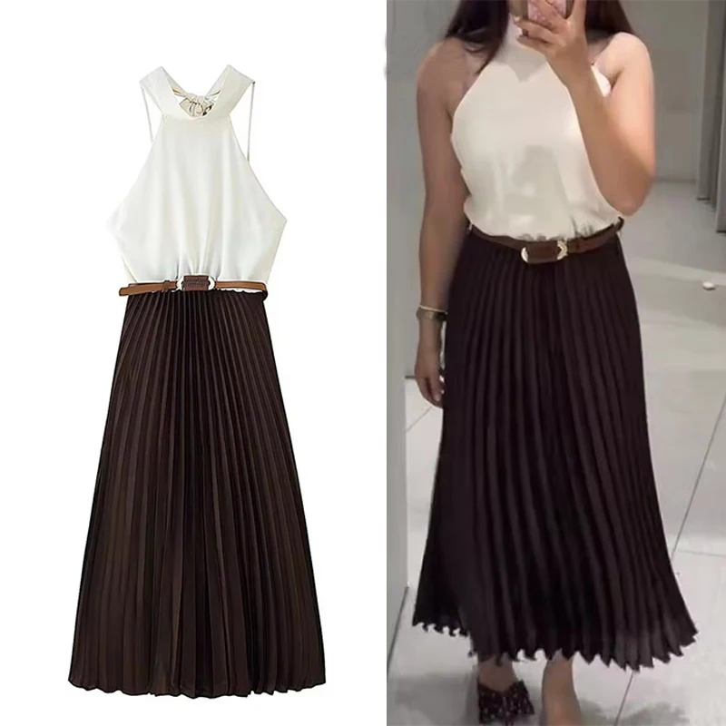 2025 보우 홀터 백리스 드레스 벨트 포함 여성용 롱 드레스 여름 플리츠 우아한 신상 여성 파티 드레스