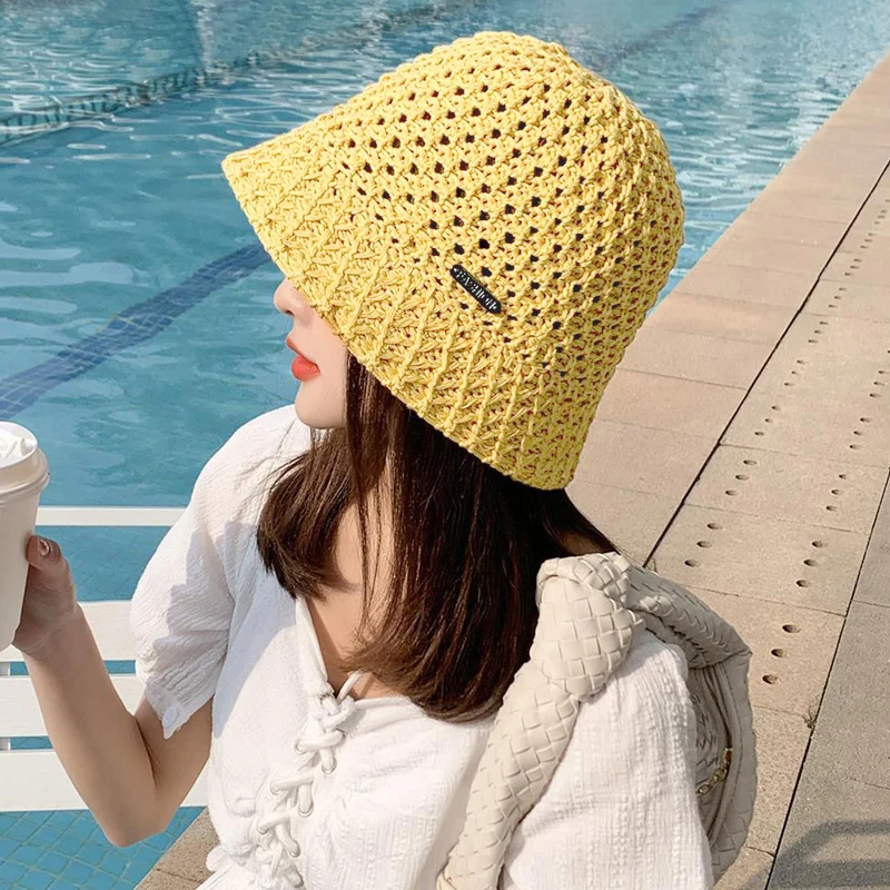 Ladies Korean Fashion Knitted Pot Hat Summer Thin Section Sunshade Sunscreen Bucket Hat Mesh Breathable Fisherman Hat Straw Hat