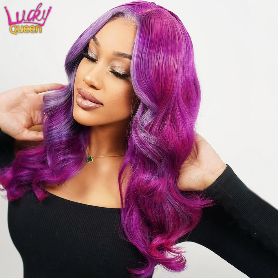 

Purple Highlight Stripe 613 Colorful Wigs 180Density Body Wave Pre Plucked Human Hair Transparent 13X6 Lace Front 13X4 For Women