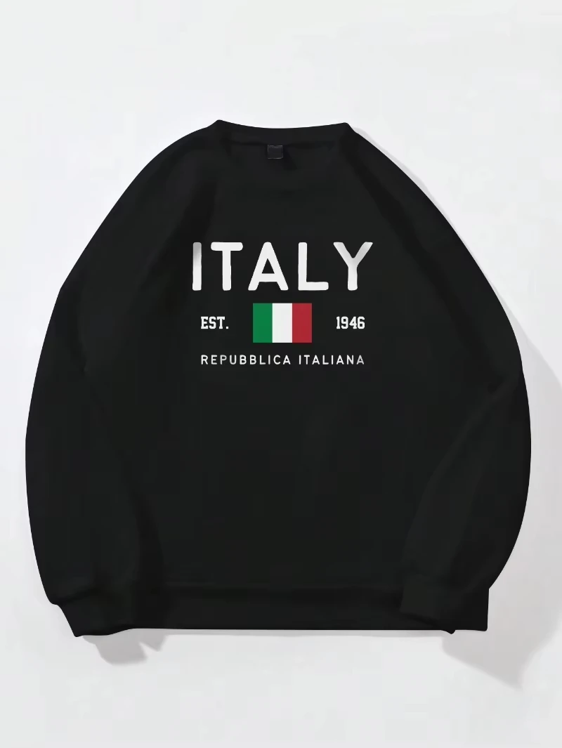 Casual Women Hoodies Italy Est.1946 Repubblica Italiana Print Pullover Loose Crewneck Warm Fleece Sweatshirt Autumn Streetwear