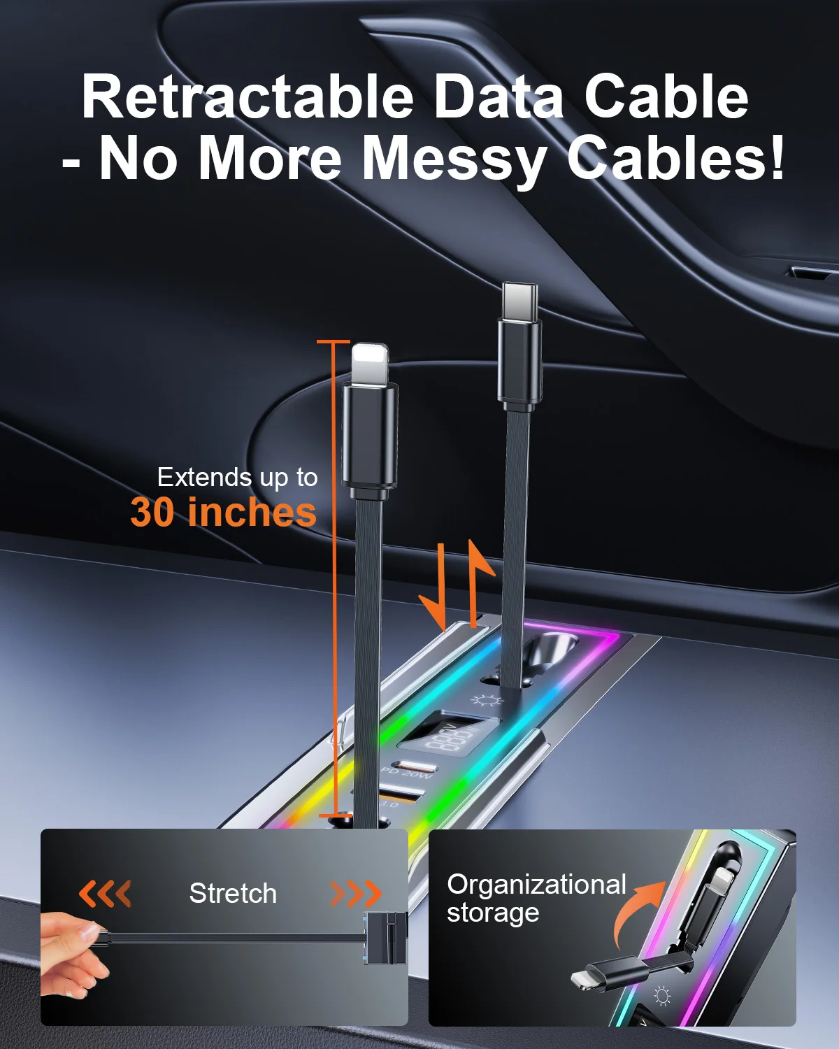 Eary USB Hub for Tesla Model 3 Y Highland Fast Charger Retractable Docking Station with RGB Lighting Fast Charging Data Cables