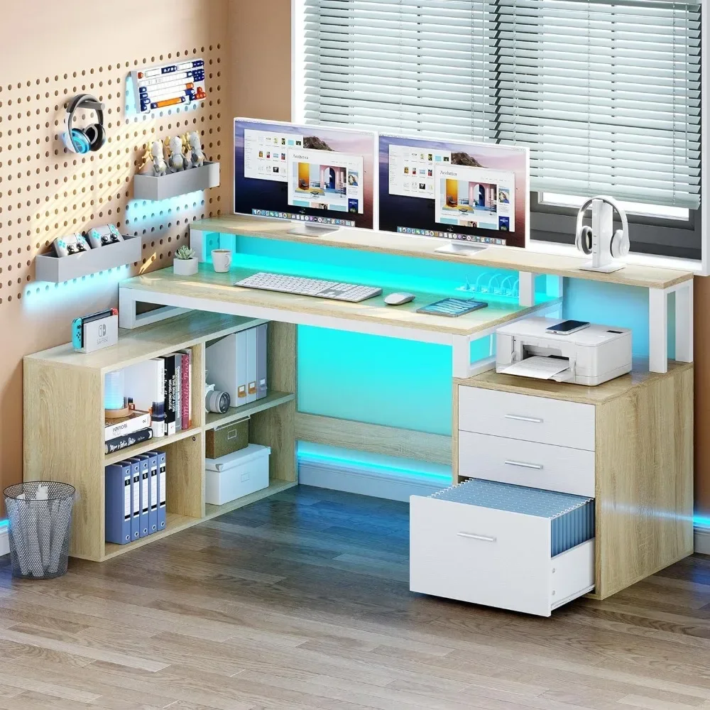 L Shaped Desk with Power Outlets & LED Lights & File Cabinet, 65