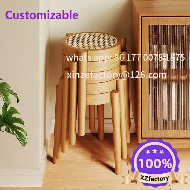 Customizable Rubberwood Home Stool  Breathable Rattan Dining Chair  Natural Wood Dining Stool Stackable Mid-Century Living