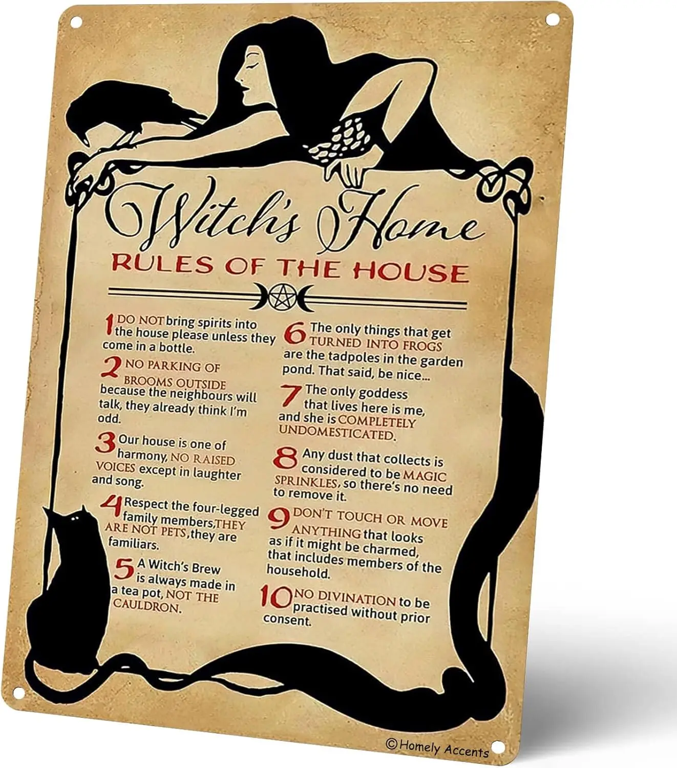 Witchy Black Cat Crow Metal Wall Sign, Witch's Home Rules of The House Poster Vintage Tin Signs for Home, Kitchen, Bathroom