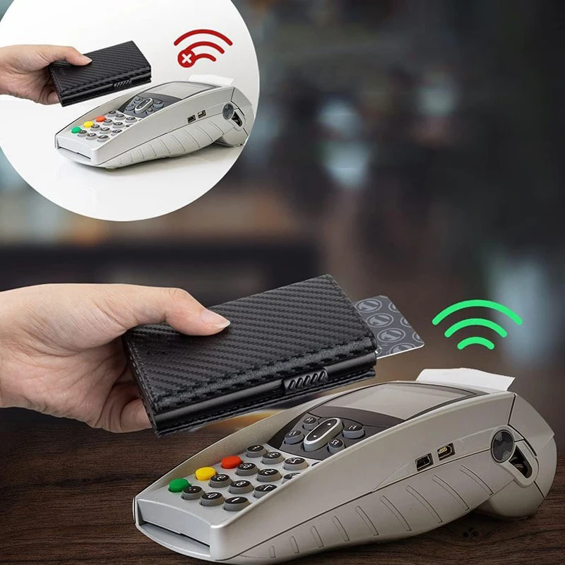 Portfel męski z włókna węglowego i aluminium, blokujący RFID, automatyczny wysuwacz kart, przegródki na monety, smukła portmonetka. — zdjęcie 6