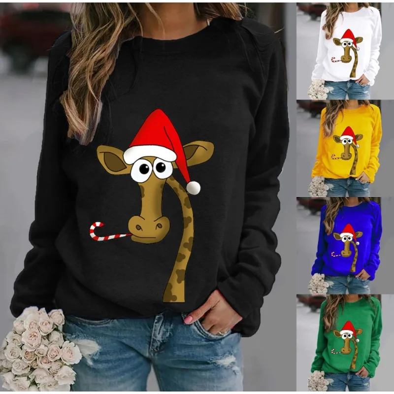 

Women's Cartoon Christmas Deer Crew-neck Hoodie Sweatshirt Tops Sweatshirts Streetwear Women Clothes Aesthetic