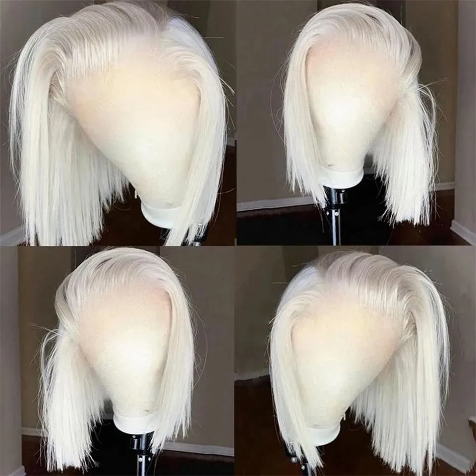 13x4 Transparent Lace Frontal Wig Color White Platinum Ash Blonde Straight Bob Lace Front Wig Synthetic Pre Plucked
