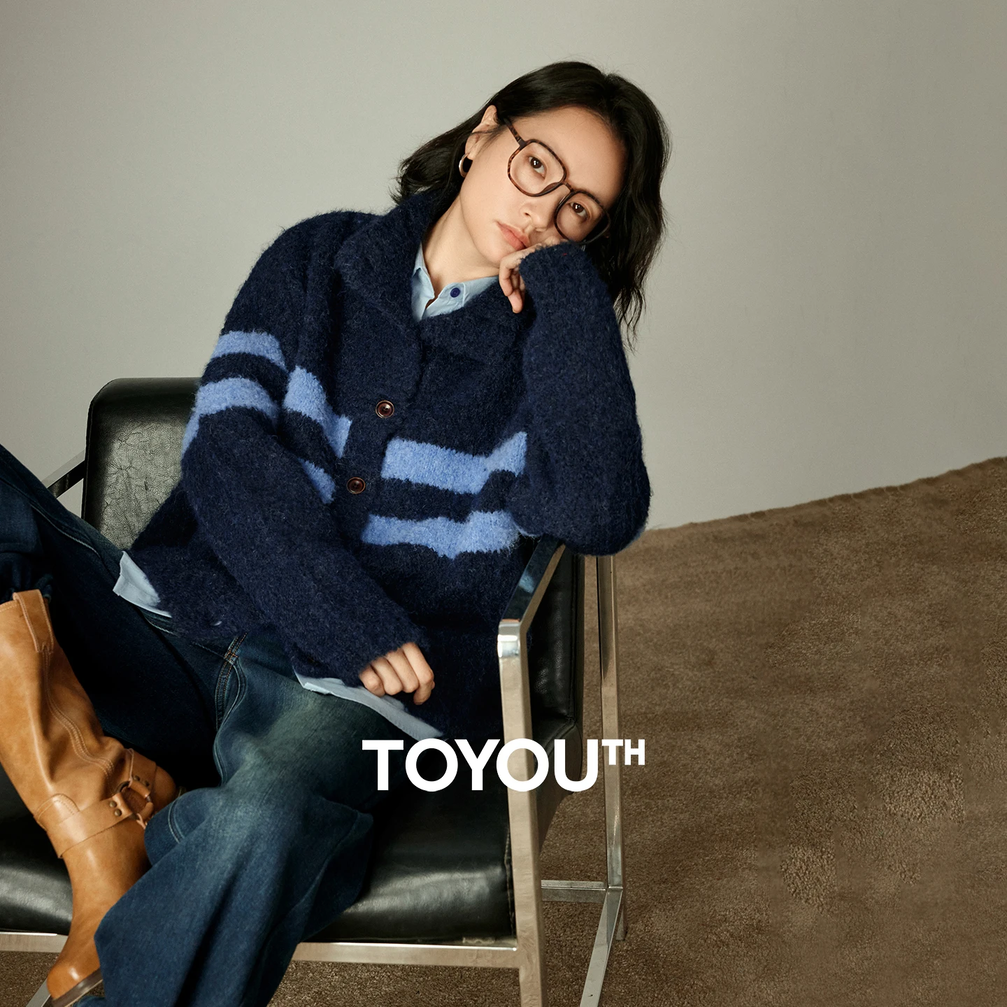

TOYOUTH женский свитер 2025, новый зимний кардиган с высоким воротом, пряжа с облачной петлей, винтажная вязаная верхняя одежда в полоску