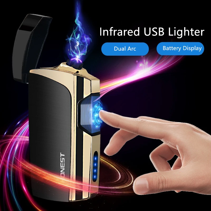 HONEST Infrared Touch Induction Electric Double Arc Lighter Metal Outdoor Windproof Power Display Pulse Plasma Flameless Lighter