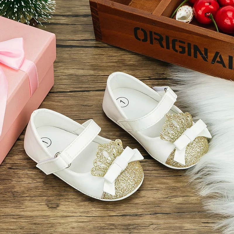 Infant Baby Girls Shoes Fashion Crown Princess Non-slip Rubber Shoe Soft-Sole Flat PU First Walker Birthday Shoes