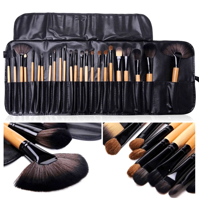 24pcs Female Professional Makeup Sets Cosmetics Brushes With Leather Bag Lip Brush Eye Shadow Brush Makeup Tools - Unscented