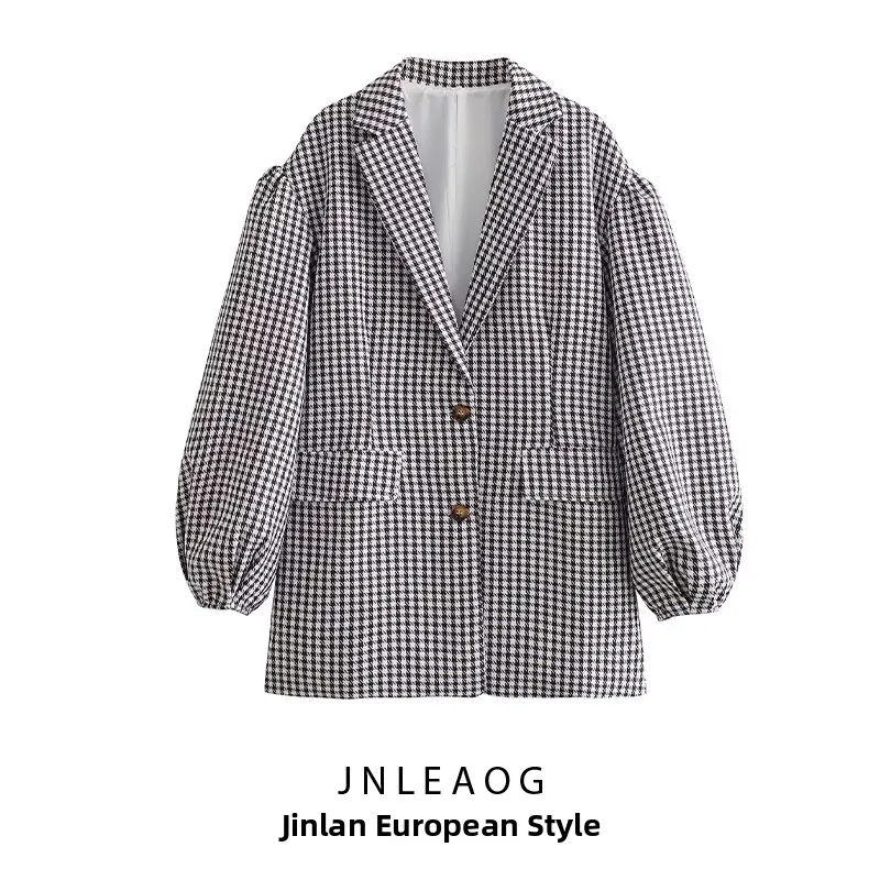 

Женская модная ретро-куртка в клетку JNLEAOG, осенняя новинка, универсальный дизайн, классический воротник-стойка, длинный рукав, полиэстер
