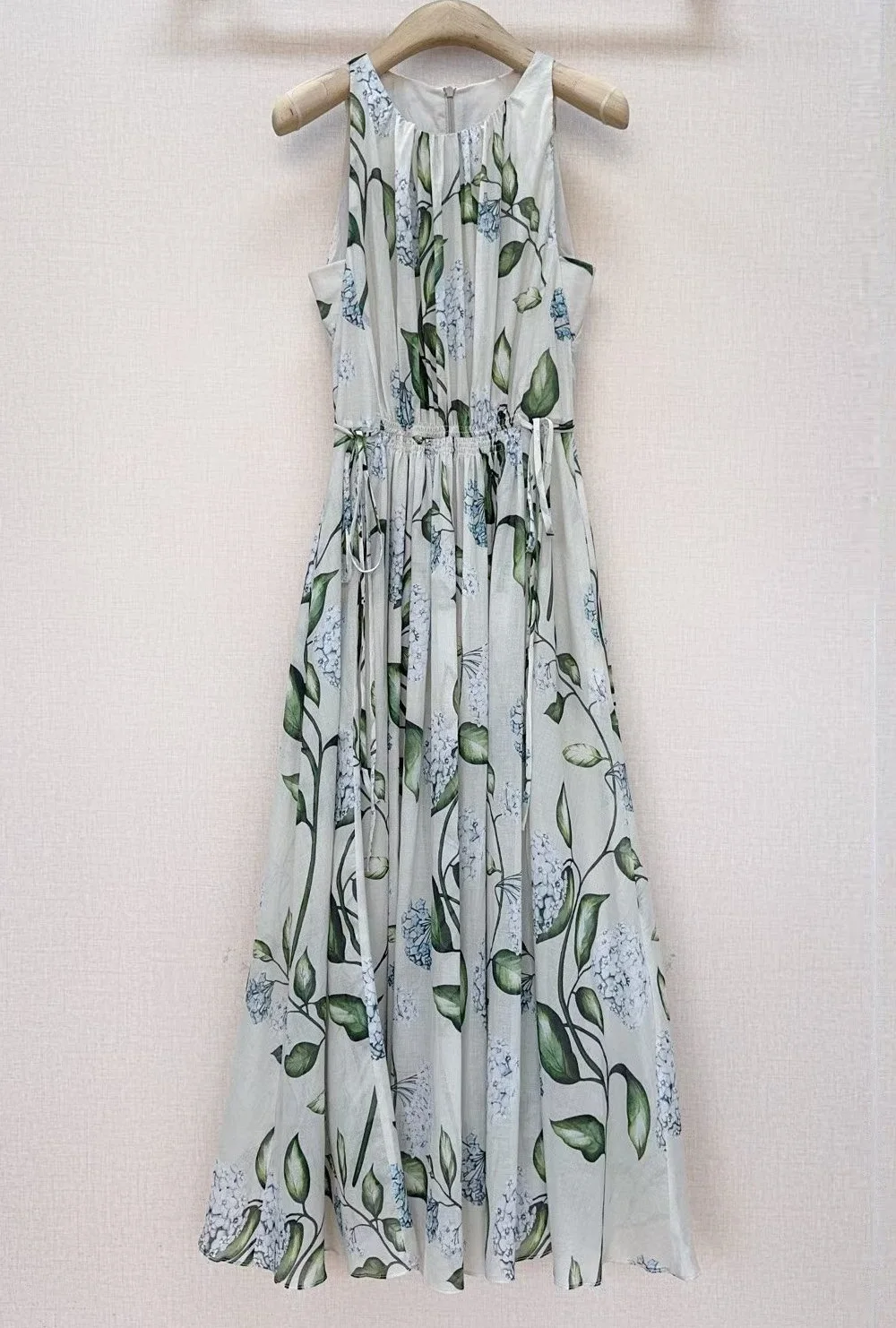 

100%Cotton Long Dress 2026 Summer Fashion Design Women Green Leaves Print Drawstring Waist Casual Party Long Maxi Dress Luxury