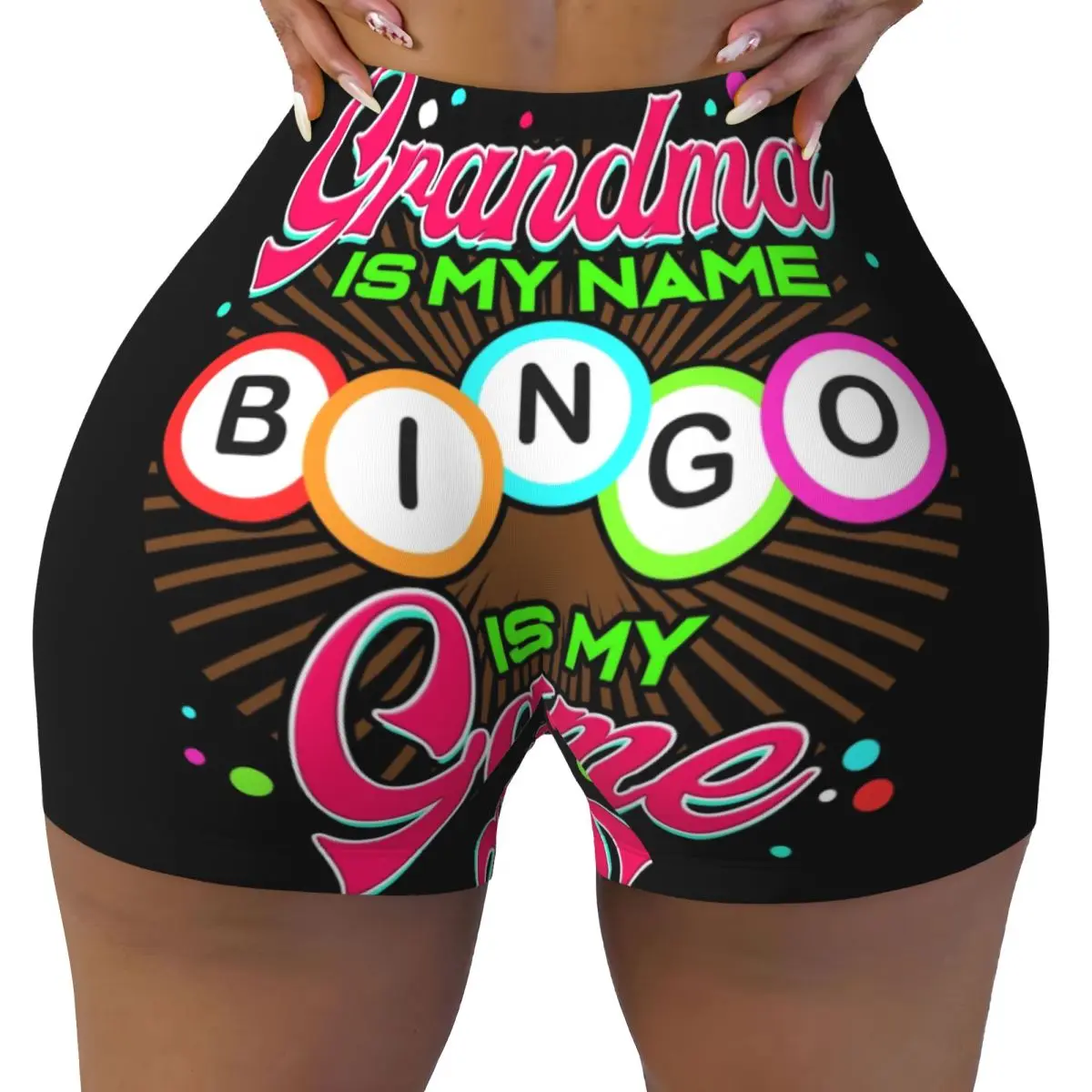 Custom Lucky Grandma Name Game Bingo Gambling Volleyball Biker Workout Shorts Women Athletic Gym Yoga Shorts