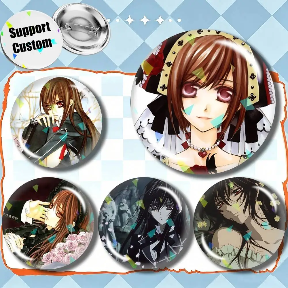 Yuki Cross V-Vampire Knight Customizable Round Brooch Pins, Personalized Badges With Broken Glass Design Fashion Accessory