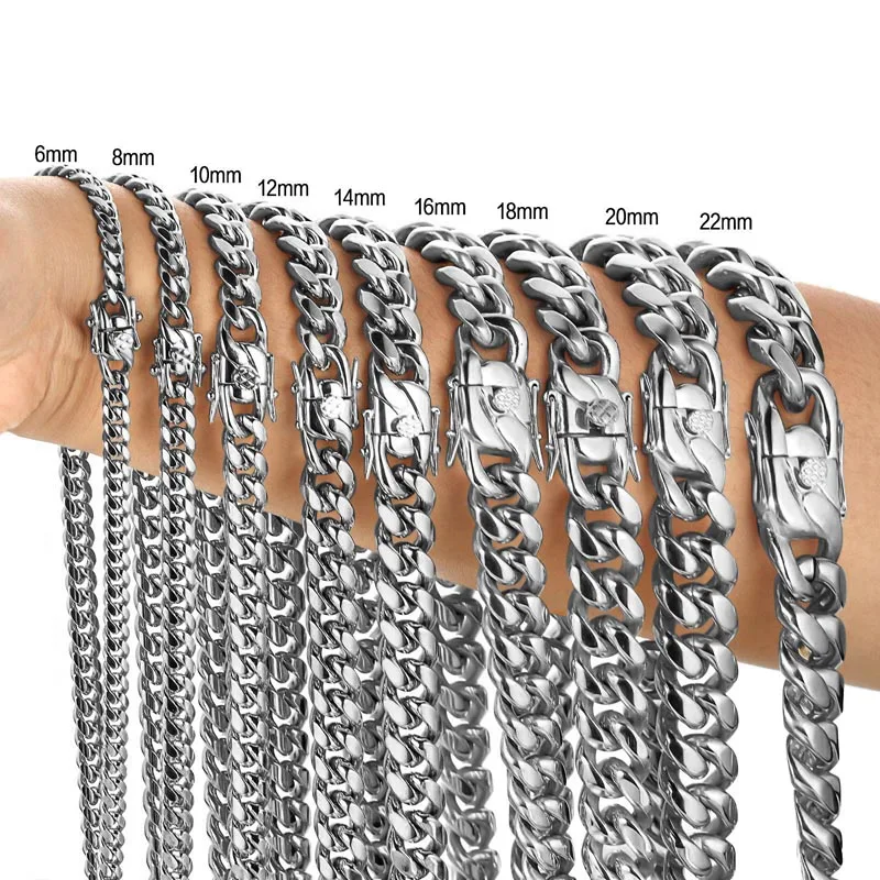 

316L Stainless Steel Miami Curb Cuban Chain Link Necklaces Butterfly Lock Clasp Bracelet Hip Hop Men Women Silver Plated Jewelry