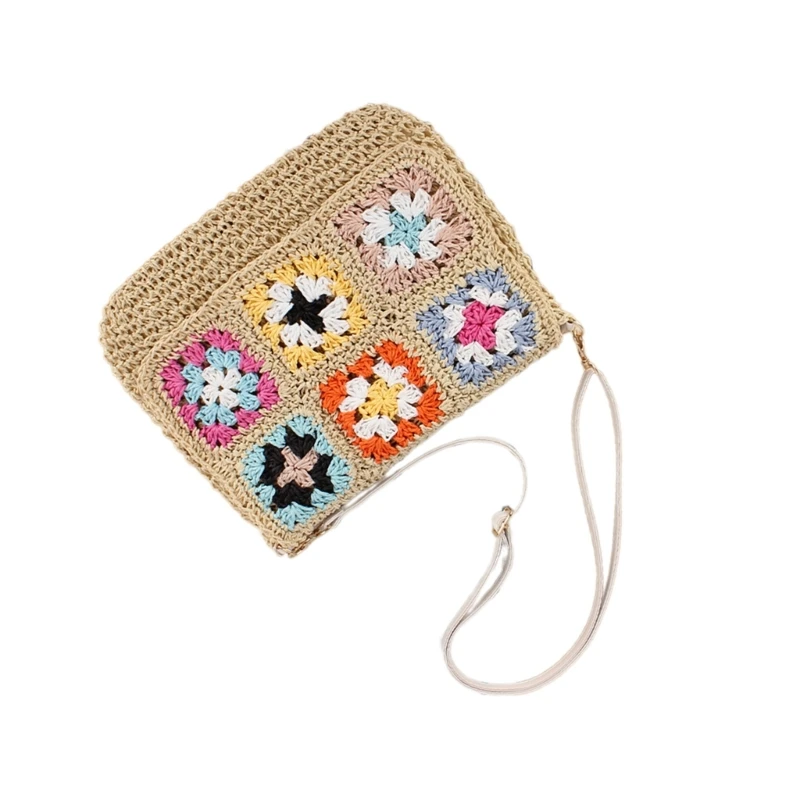 Elegant Womens Crossbody Bag Woven Paper Rope Shoulder Purse Vintage Ethnic Crochet Flower Handbag with Adjustable Strap