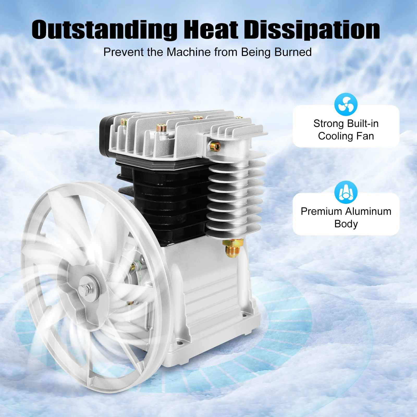 Air Compressor Pump Head Dual Cylinder Belt Pulley Drive Low Noise for Electronics Machinery Construction Automotive Repair