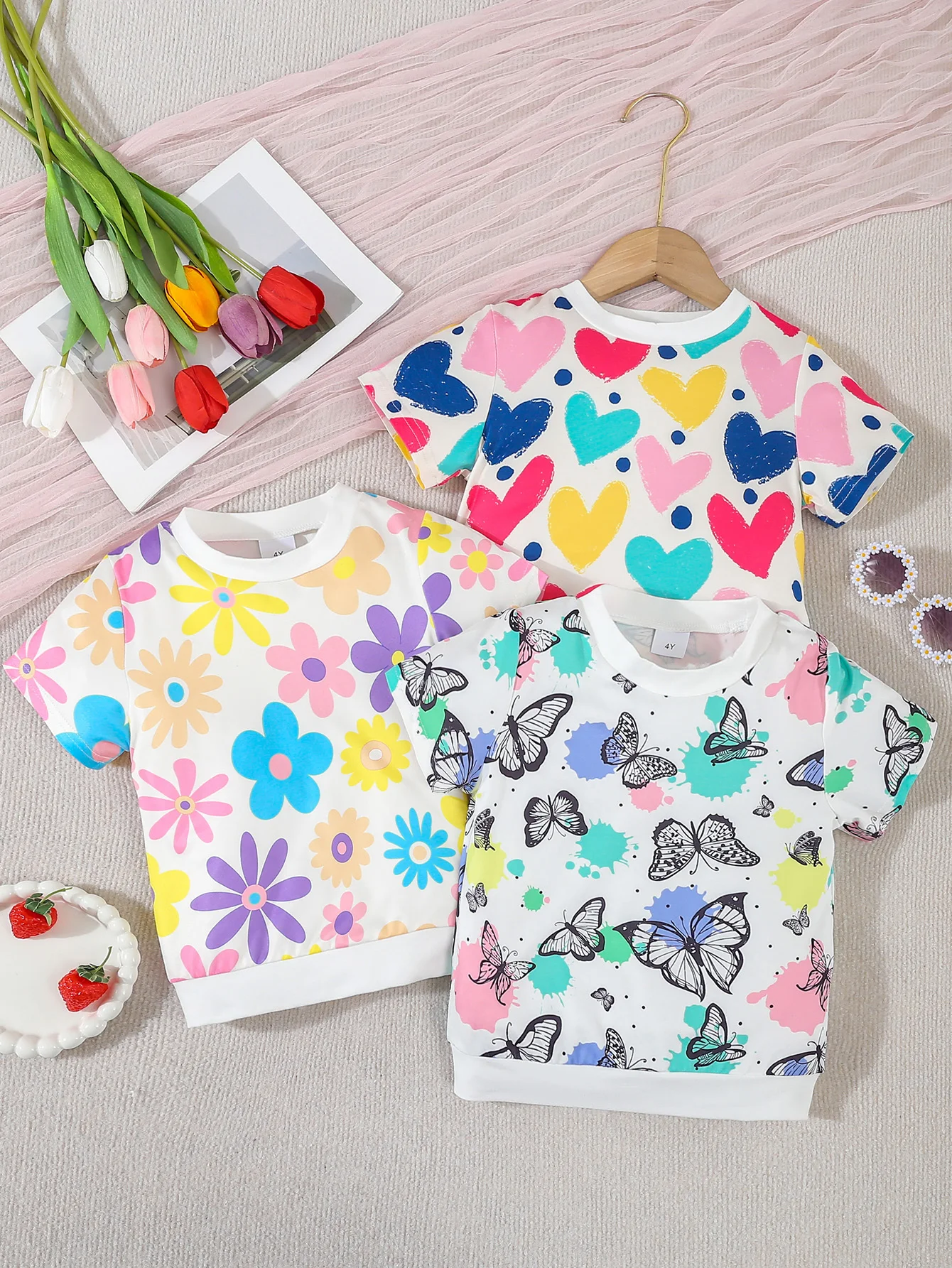 A 3-Piece Round-Neck Floral Print Short-Sleeved T-Shirt For Girls A New Summer Casual Girl's Outfit And A Multi-Color Top