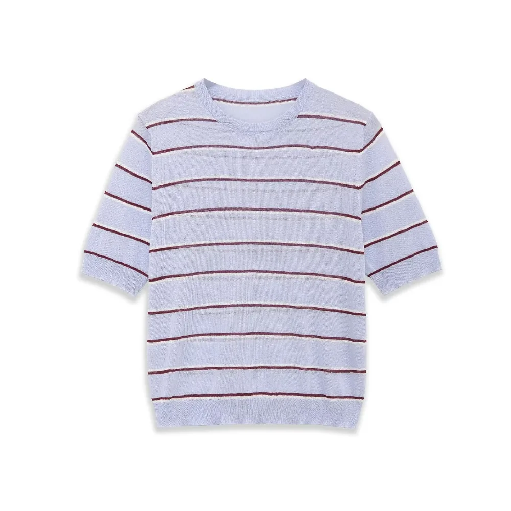 

Fashion Casual Short-sleeved Round Neck Striped Ultra-fine Needle Top, Loose and Comfortable, Versatile and Unique Texture