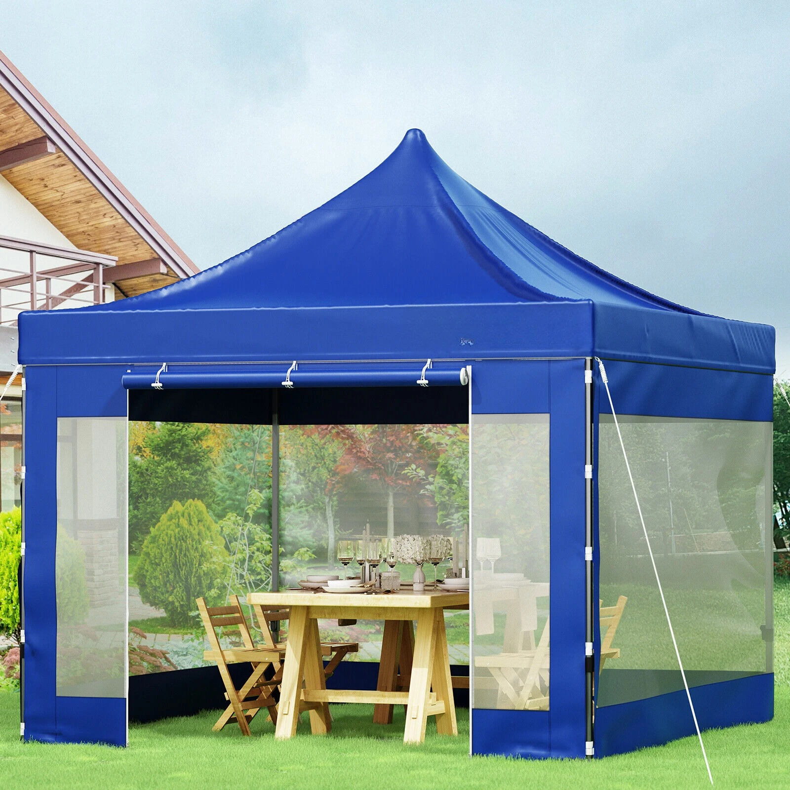 

US Pop Up Canopy 10' x 10' Gazebo Tent w/ Clear Tarp Sidewalls Blue for Party