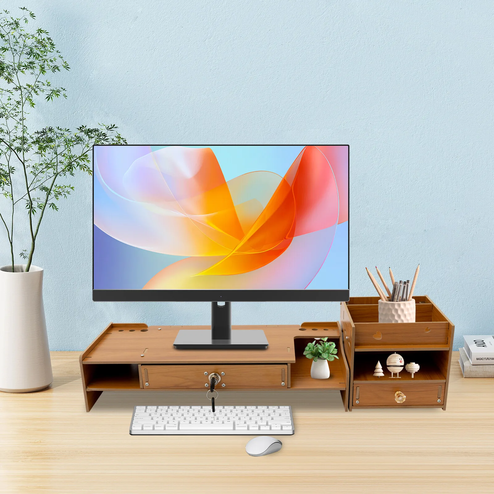 

48*20*10.5cm Desktop Monitor Stand Tabletop Monitor Riser Stand Wood Computer Monitor Booster Stand with 2 Keys