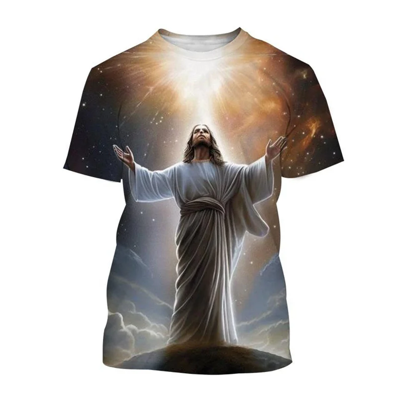 Christian God Jesus T Shirt Men 3d Print Christian Painting Summer Tees Fashion Round Neck Short Sleeve Loose Street T-Shirt