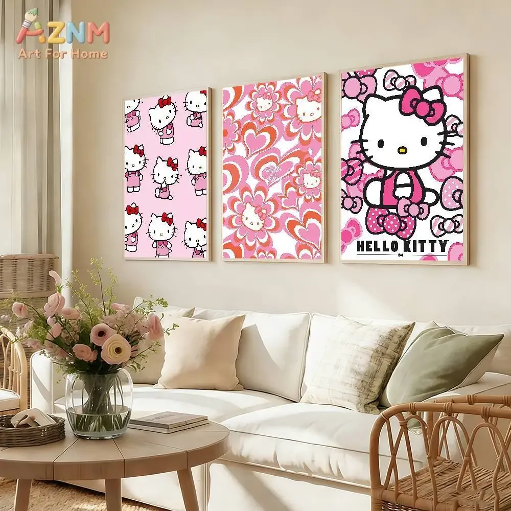 AZNM Hello Kitty Pink Heart Floral Canvas Print Frameless Wall Art Cute Cartoon Poster Girls Bedroom Home Decor Painting