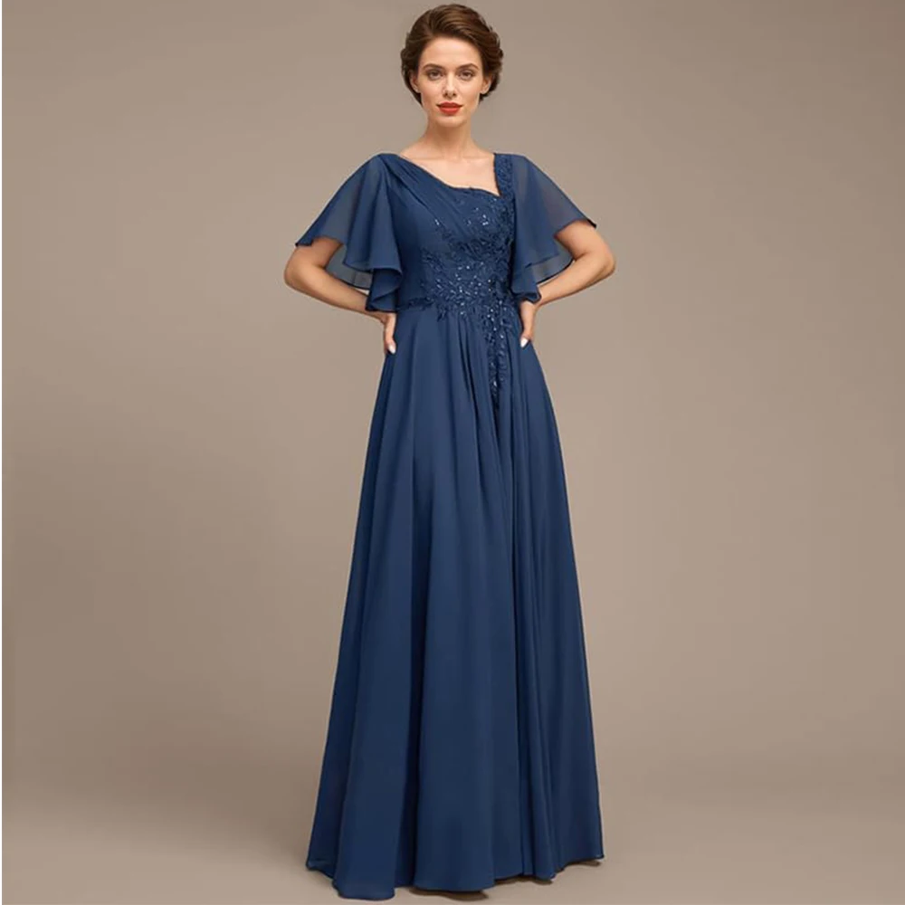 فساتين أم العروس بأكمام مكشكشة رائعة مخصصة للنساء مزينة بالدانتيل والشيفون غير المتكافئة فستان أم العريس