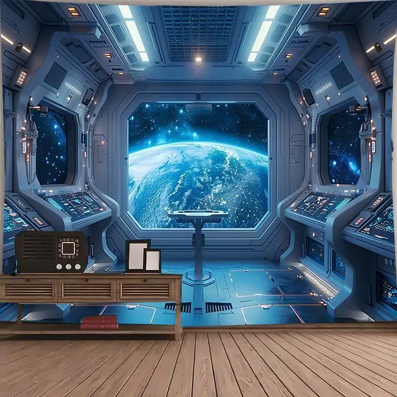 Spaceship Tapestry Universe Galaxy Outer Space Station Wall Hanging Futuristic Science Fiction Planet Earth Tapestries Bedroom