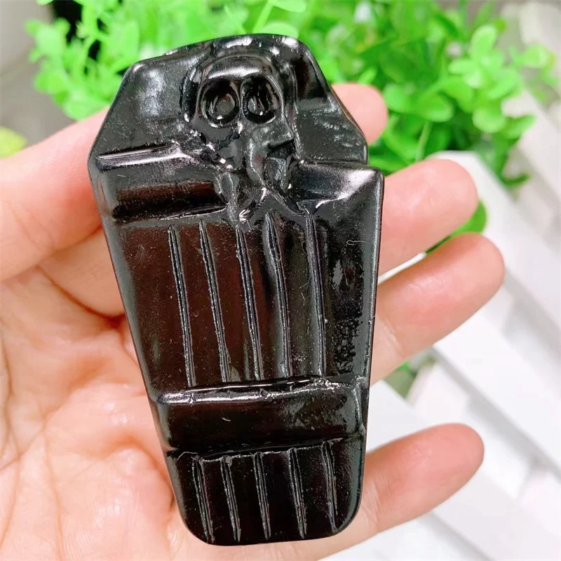 

7.5cm Natural High Quality Black Obsidian Crystal Coffin Carving Gemstone Crafts For Home Decoration Feng Shui 1pcs