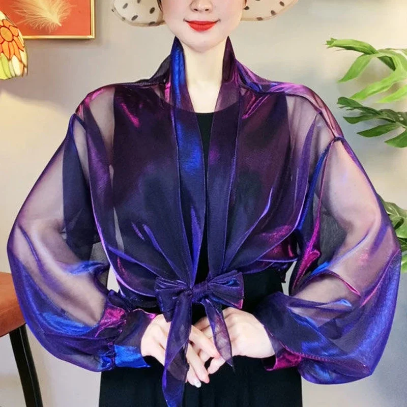 Summer New Thin Simplicity Bandage Vintage Short Blouse Loose All-match Temperament Shirt Tops Casual Fashion Women Clothing