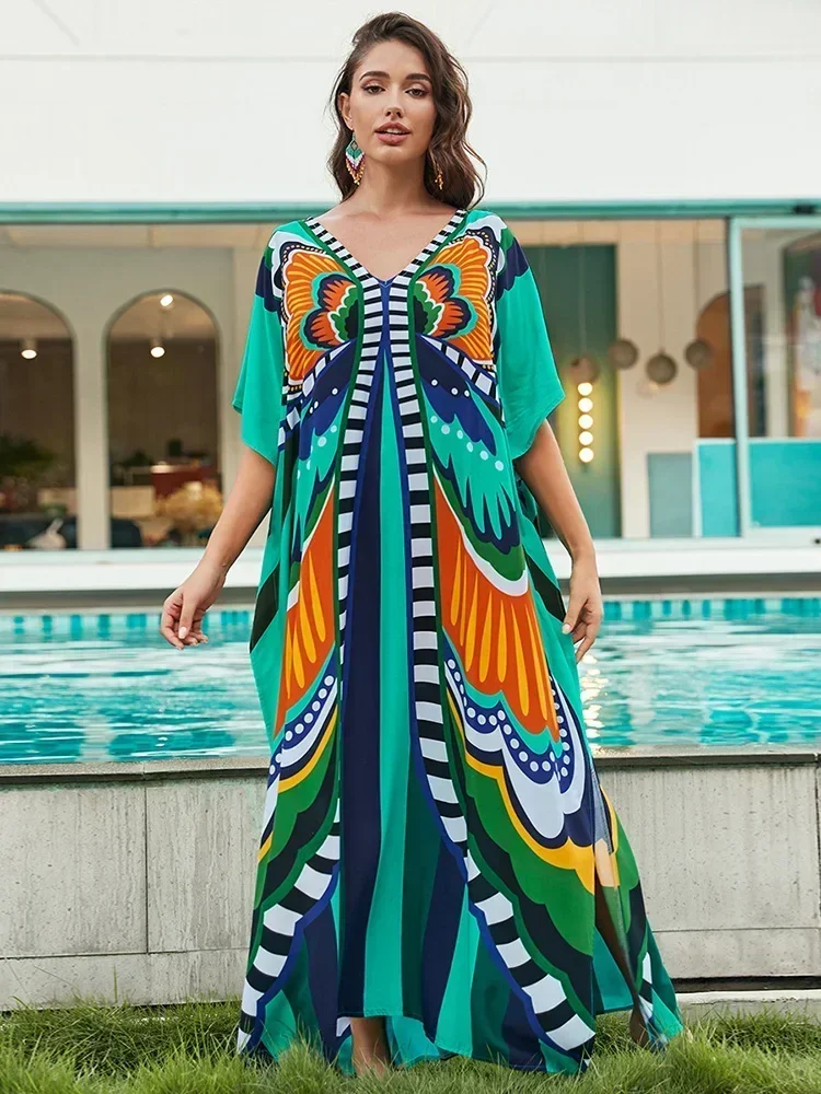 2026 New Contrast Color Printed Beach Cover-Ups Women Bikini Cover Up V-Neck Oversized Beach Long Dress Summer 2026 Fashion Robe